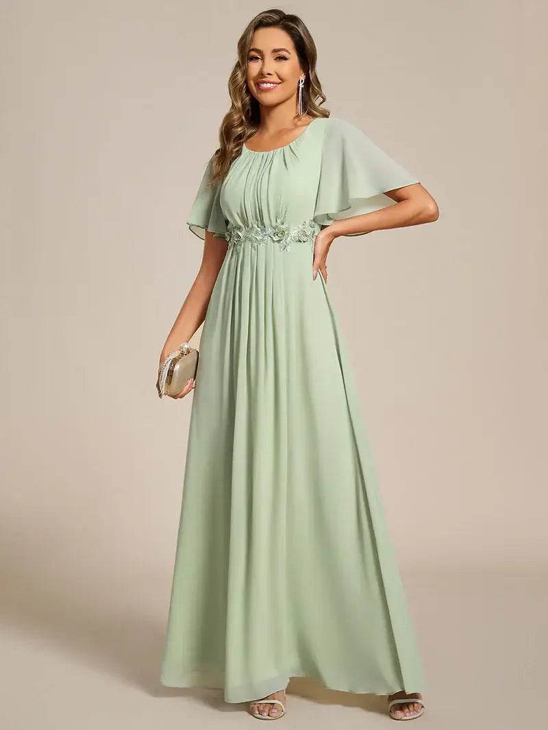 A-Line Floor-Length Evening Dress with Short Sleeves and Applique - Biamonde